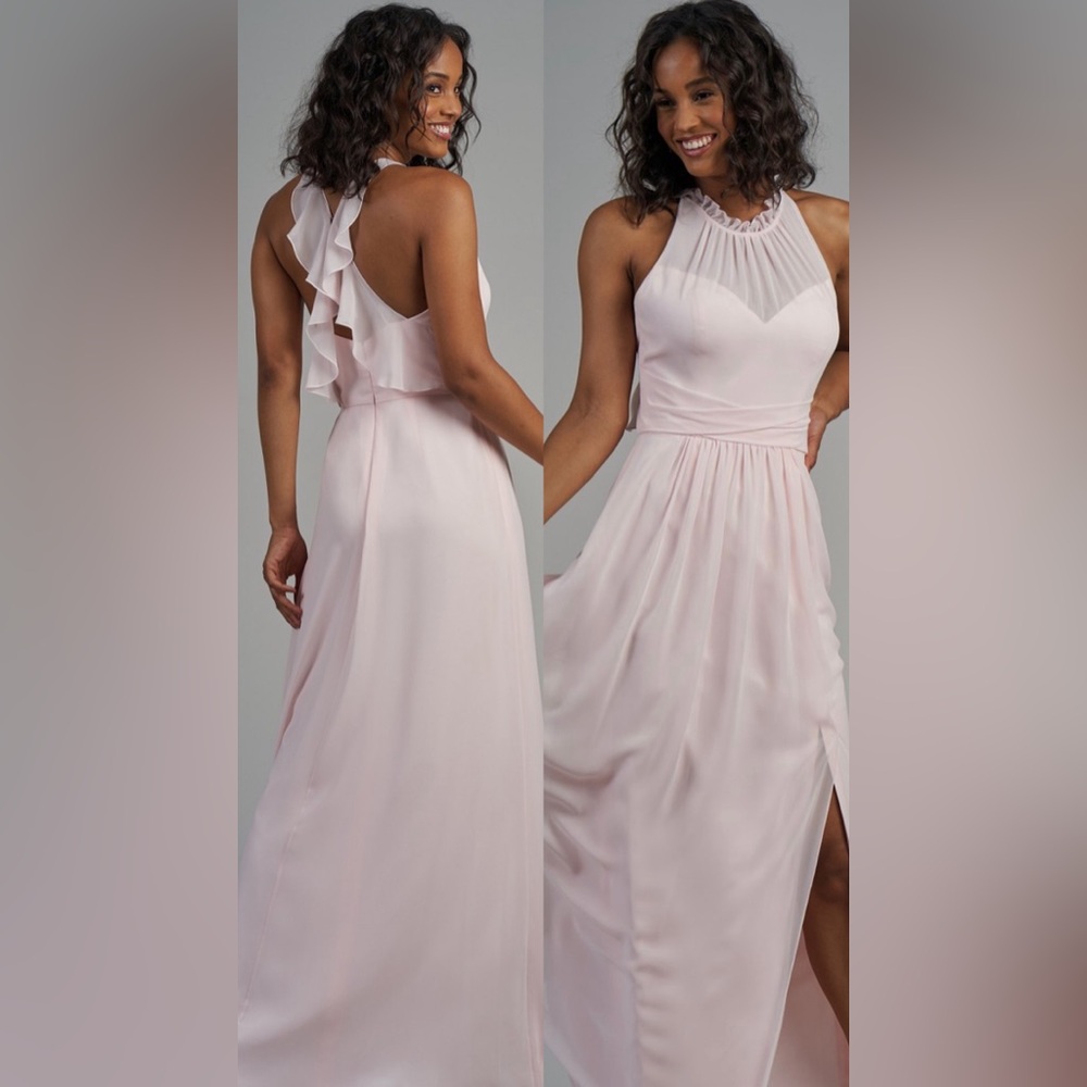 B213002 Poly Chiffon Long Bridesmaid Dress with Jewel Neckline